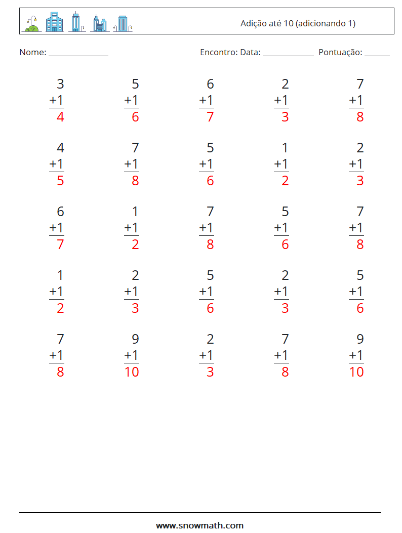 (25) Adição até 10 (adicionando 1) planilhas matemáticas 2 Pergunta, Resposta