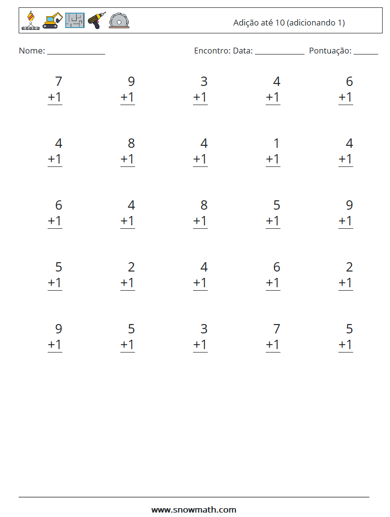 (25) Adição até 10 (adicionando 1) planilhas matemáticas 3