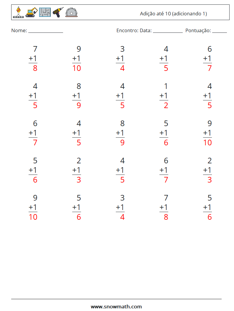 (25) Adição até 10 (adicionando 1) planilhas matemáticas 3 Pergunta, Resposta