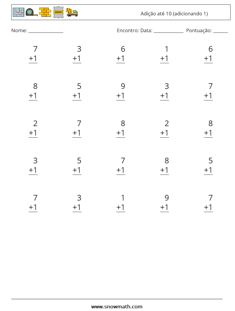 (25) Adição até 10 (adicionando 1) planilhas matemáticas 4