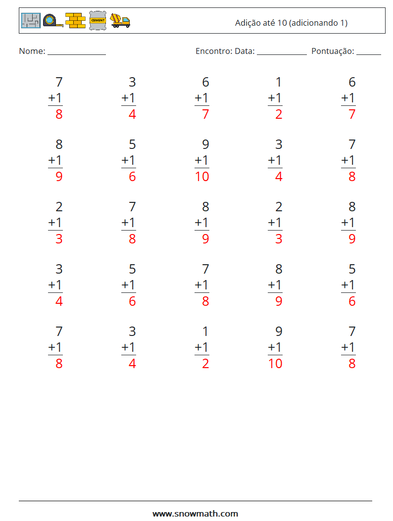 (25) Adição até 10 (adicionando 1) planilhas matemáticas 4 Pergunta, Resposta