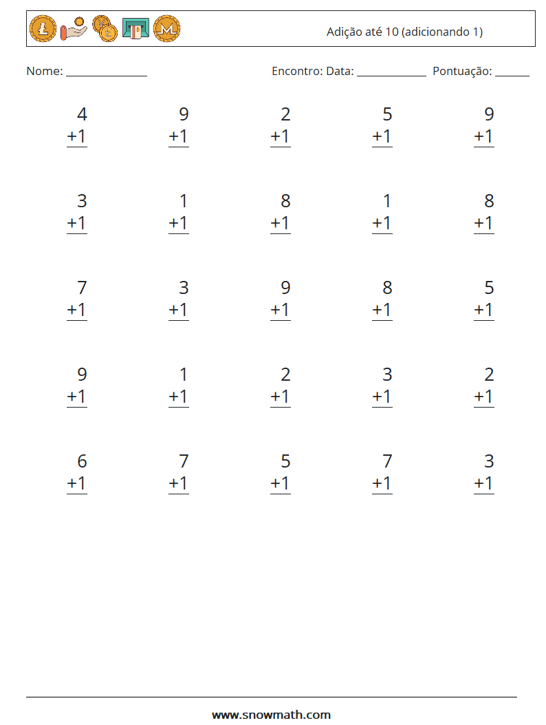 (25) Adição até 10 (adicionando 1) planilhas matemáticas 7