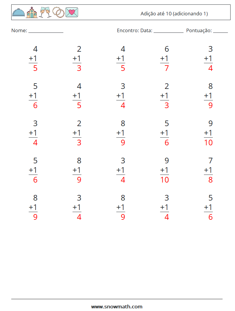 (25) Adição até 10 (adicionando 1) planilhas matemáticas 8 Pergunta, Resposta