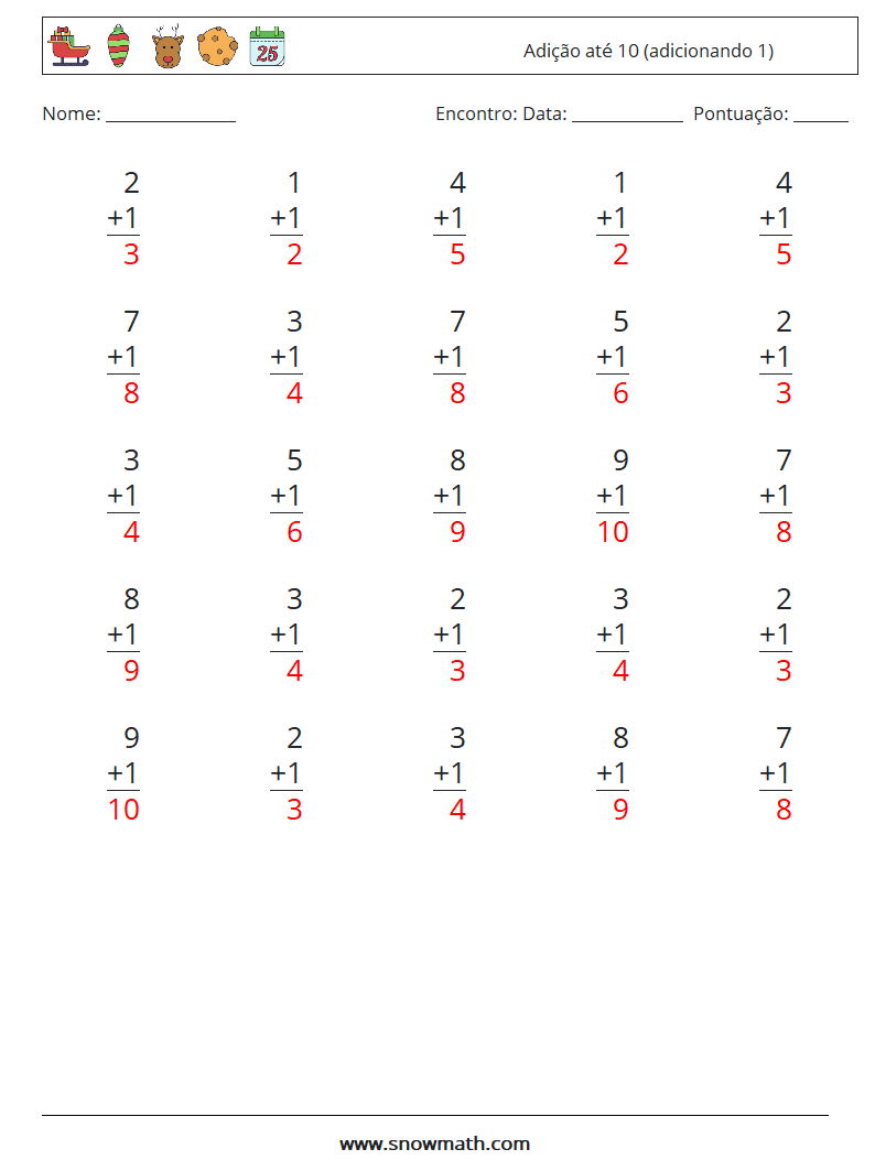 (25) Adição até 10 (adicionando 1) planilhas matemáticas 9 Pergunta, Resposta