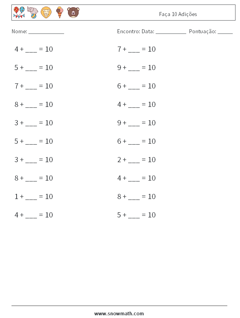 (20) Faça 10 Adições planilhas matemáticas 1