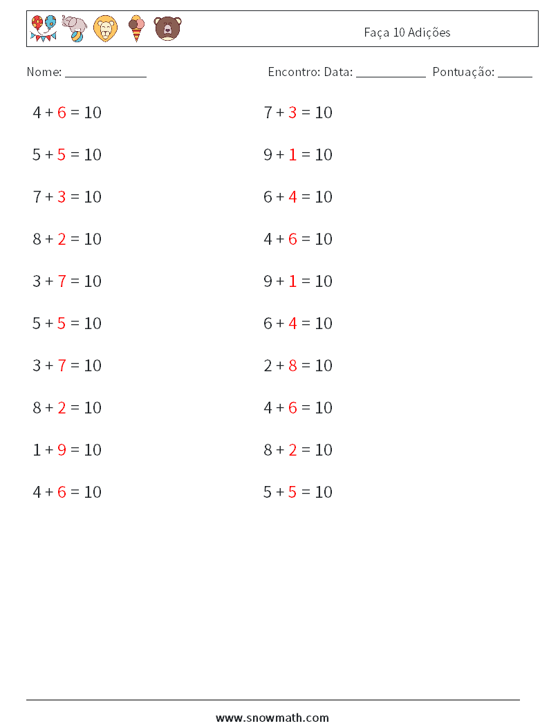 (20) Faça 10 Adições planilhas matemáticas 1 Pergunta, Resposta