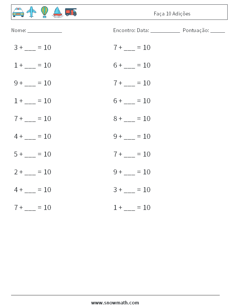 (20) Faça 10 Adições planilhas matemáticas 2