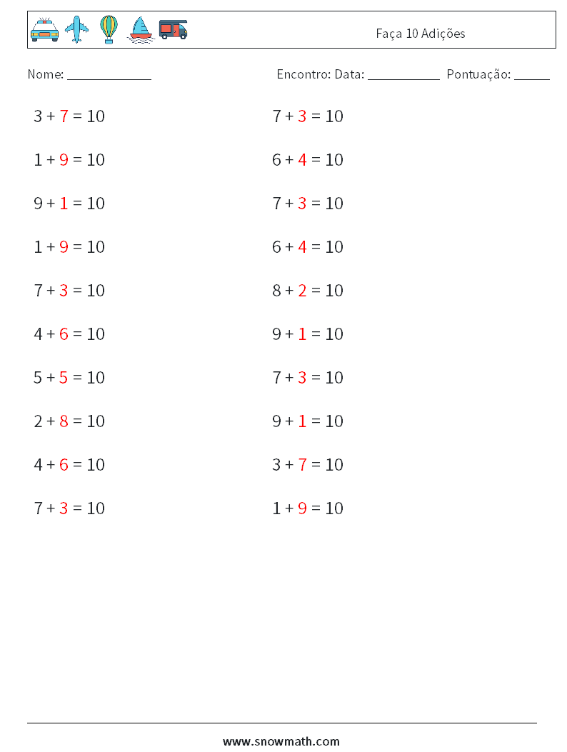 (20) Faça 10 Adições planilhas matemáticas 2 Pergunta, Resposta