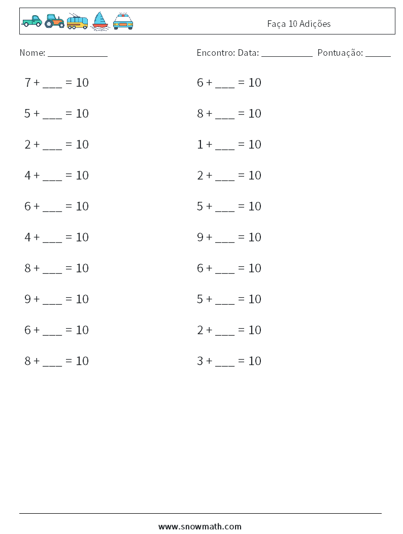 (20) Faça 10 Adições planilhas matemáticas 4