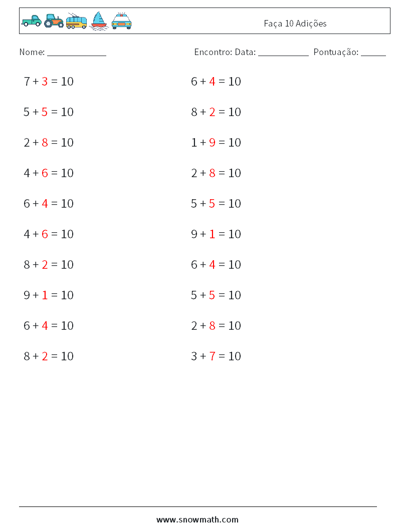 (20) Faça 10 Adições planilhas matemáticas 4 Pergunta, Resposta