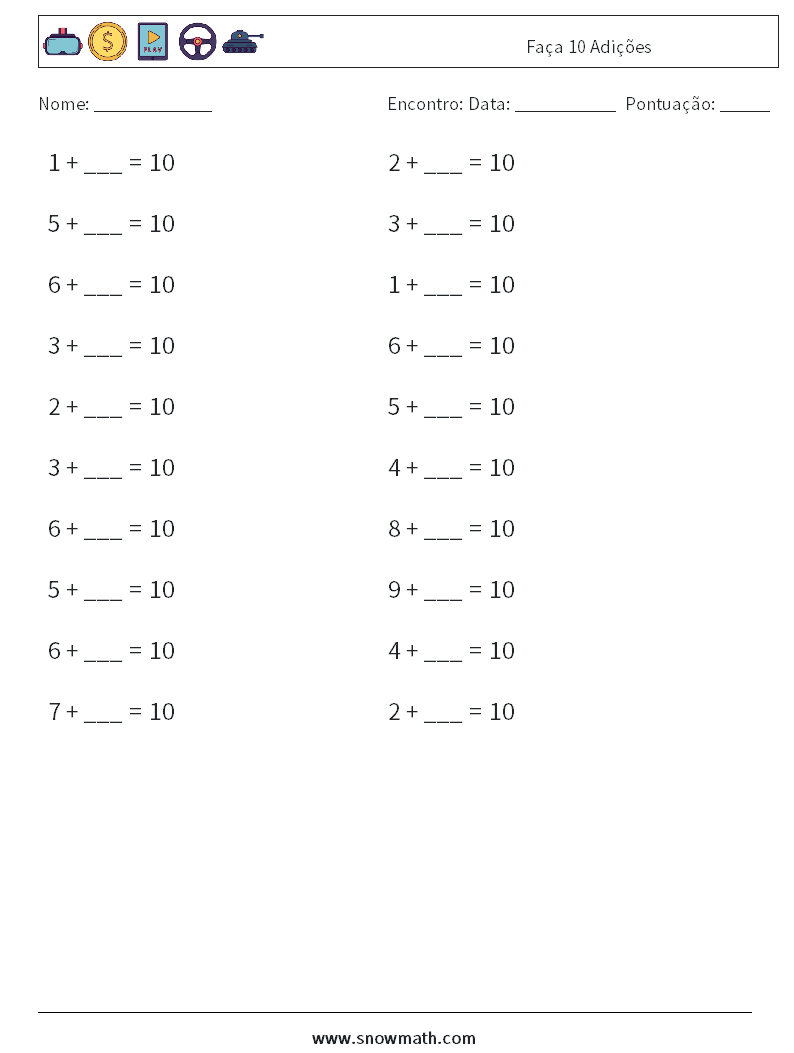 (20) Faça 10 Adições planilhas matemáticas 5