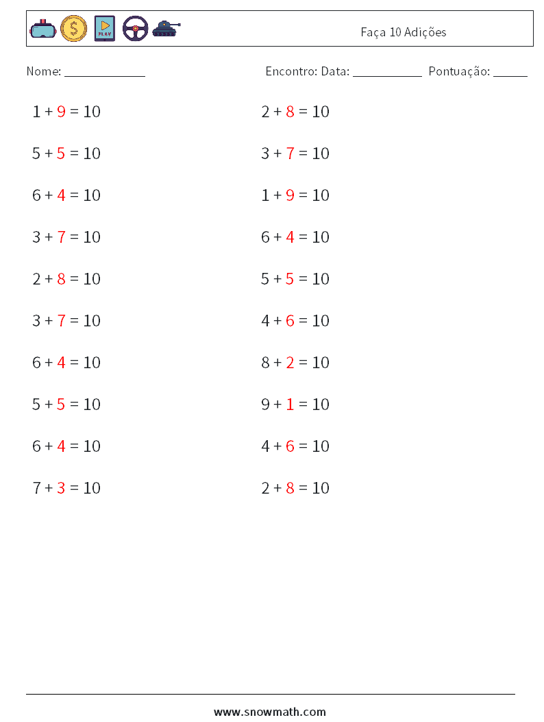 (20) Faça 10 Adições planilhas matemáticas 5 Pergunta, Resposta