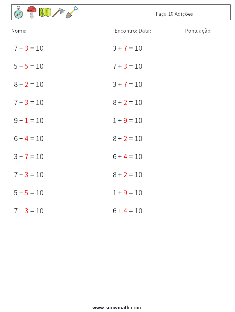 (20) Faça 10 Adições planilhas matemáticas 7 Pergunta, Resposta