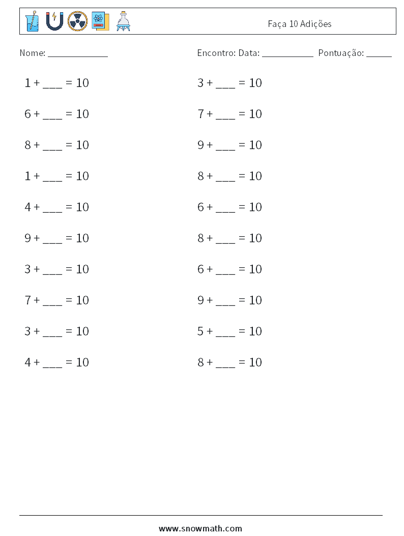 (20) Faça 10 Adições planilhas matemáticas 8