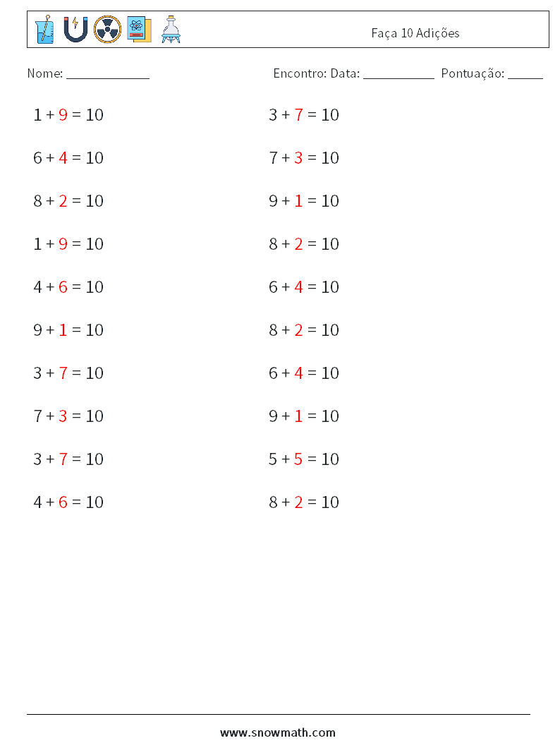 (20) Faça 10 Adições planilhas matemáticas 8 Pergunta, Resposta