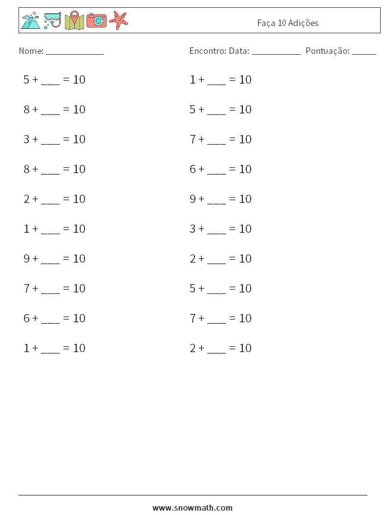 (20) Faça 10 Adições planilhas matemáticas 9