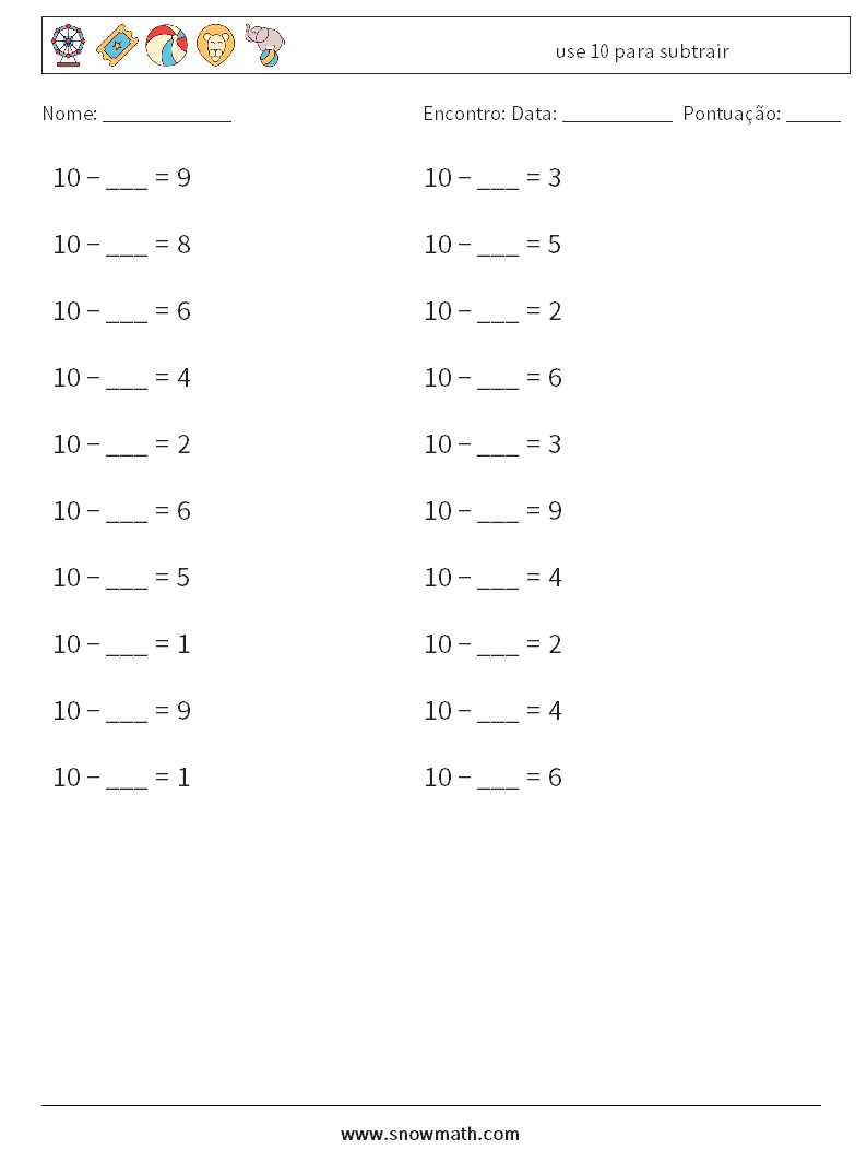 (20) use 10 para subtrair planilhas matemáticas 1