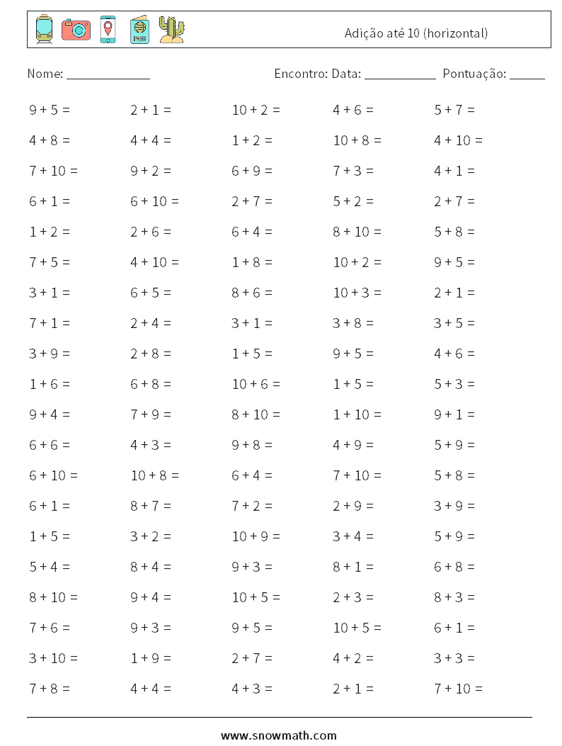 (100) Adição até 10 (horizontal) planilhas matemáticas 1