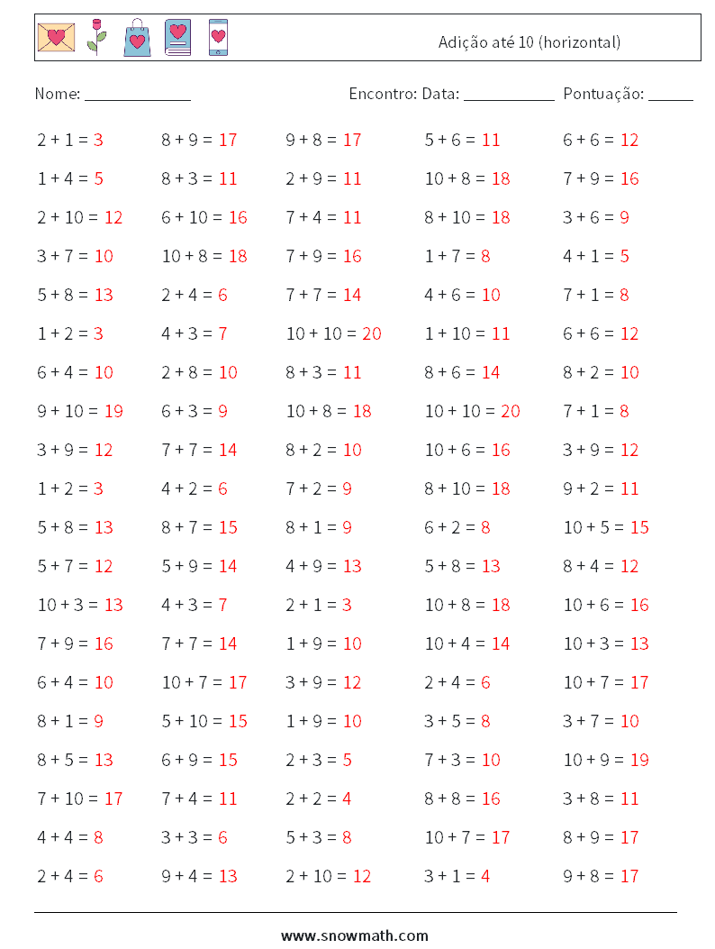 (100) Adição até 10 (horizontal) planilhas matemáticas 4 Pergunta, Resposta