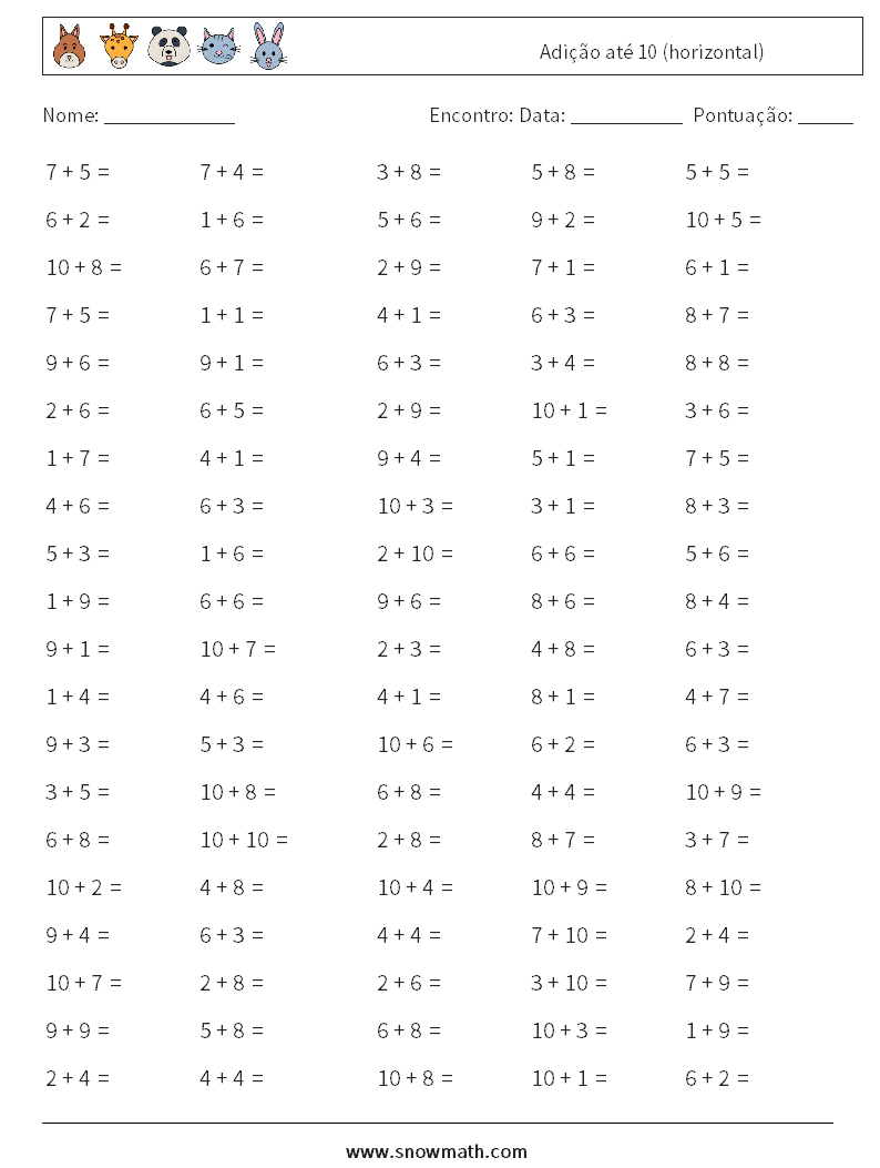 (100) Adição até 10 (horizontal) planilhas matemáticas 5