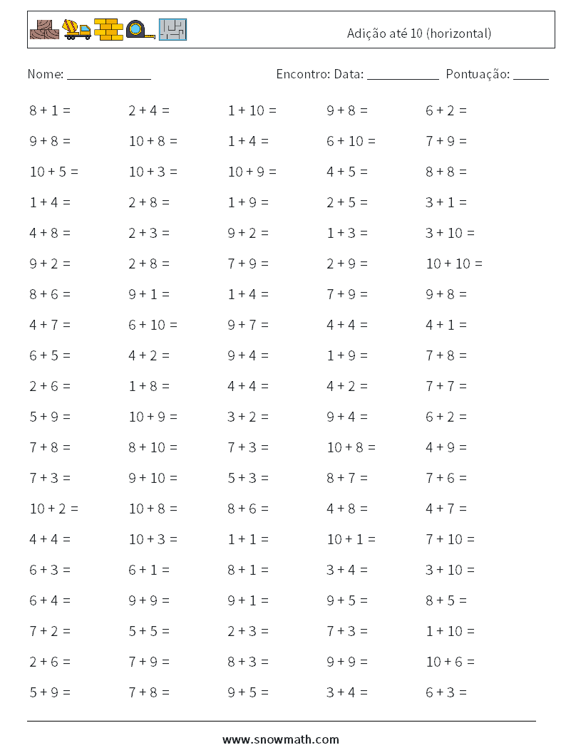 (100) Adição até 10 (horizontal) planilhas matemáticas 7