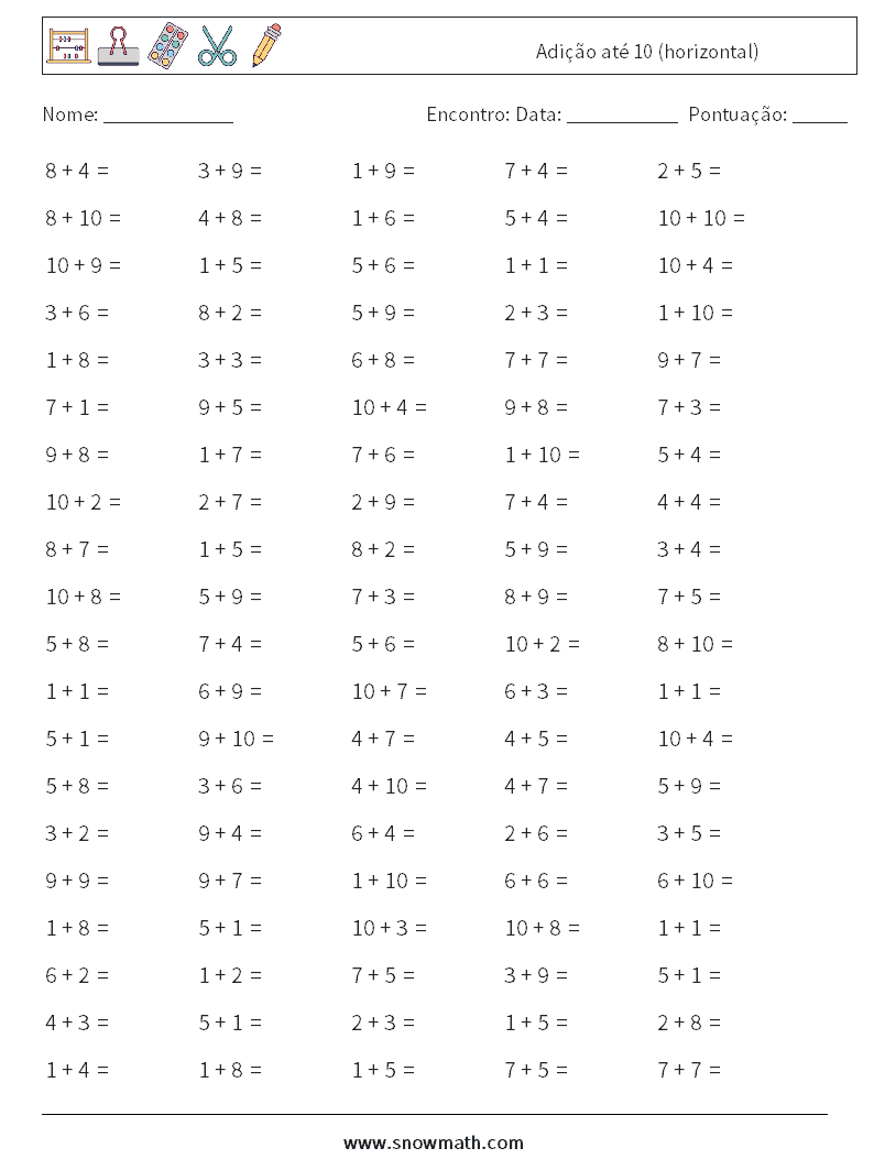 (100) Adição até 10 (horizontal) planilhas matemáticas 9