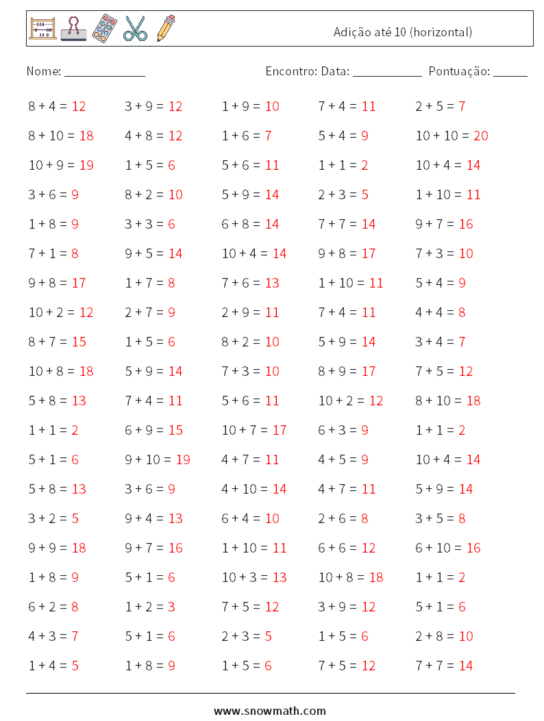 (100) Adição até 10 (horizontal) planilhas matemáticas 9 Pergunta, Resposta