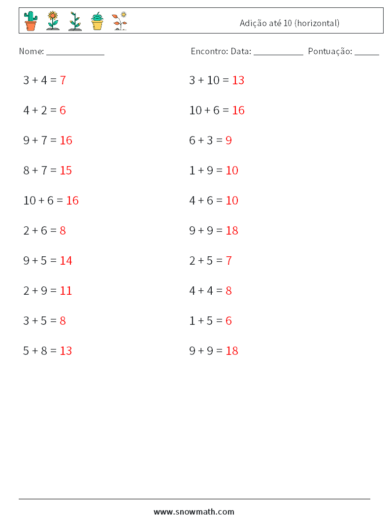 (20) Adição até 10 (horizontal) planilhas matemáticas 1 Pergunta, Resposta