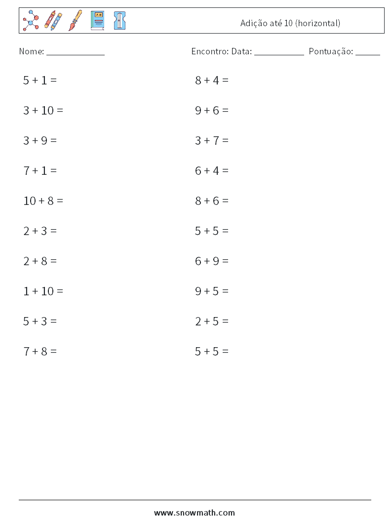(20) Adição até 10 (horizontal) planilhas matemáticas 2