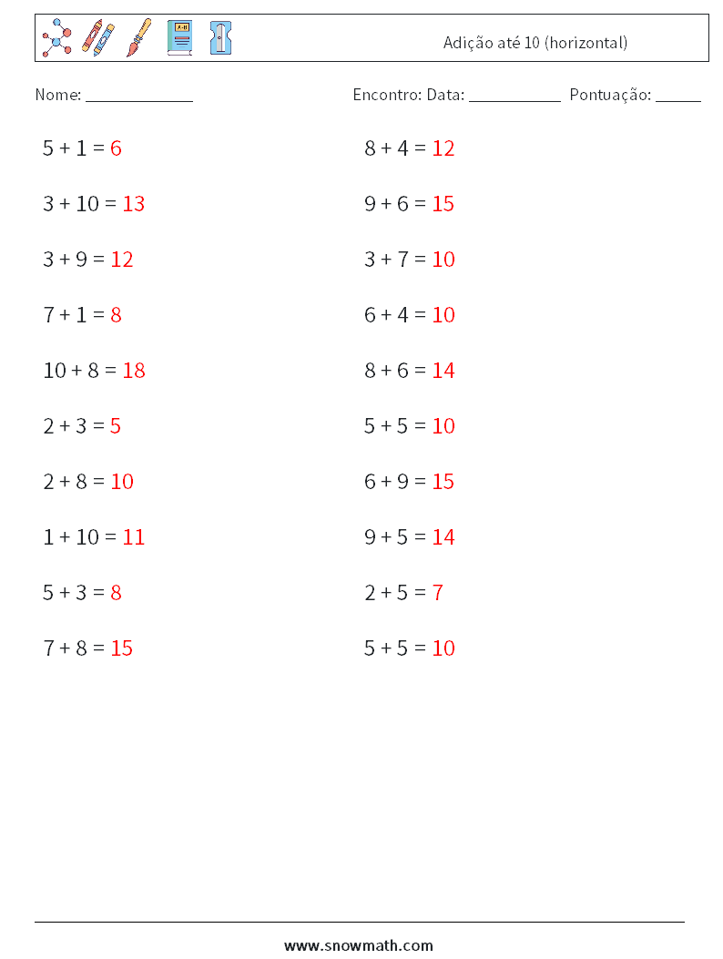 (20) Adição até 10 (horizontal) planilhas matemáticas 2 Pergunta, Resposta