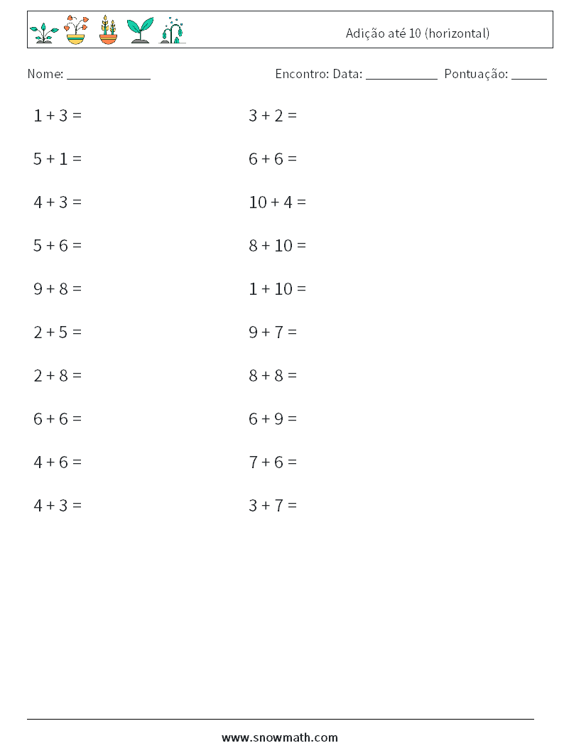 (20) Adição até 10 (horizontal) planilhas matemáticas 3