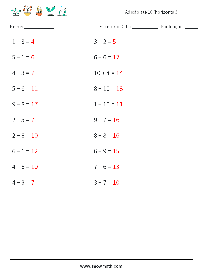 (20) Adição até 10 (horizontal) planilhas matemáticas 3 Pergunta, Resposta