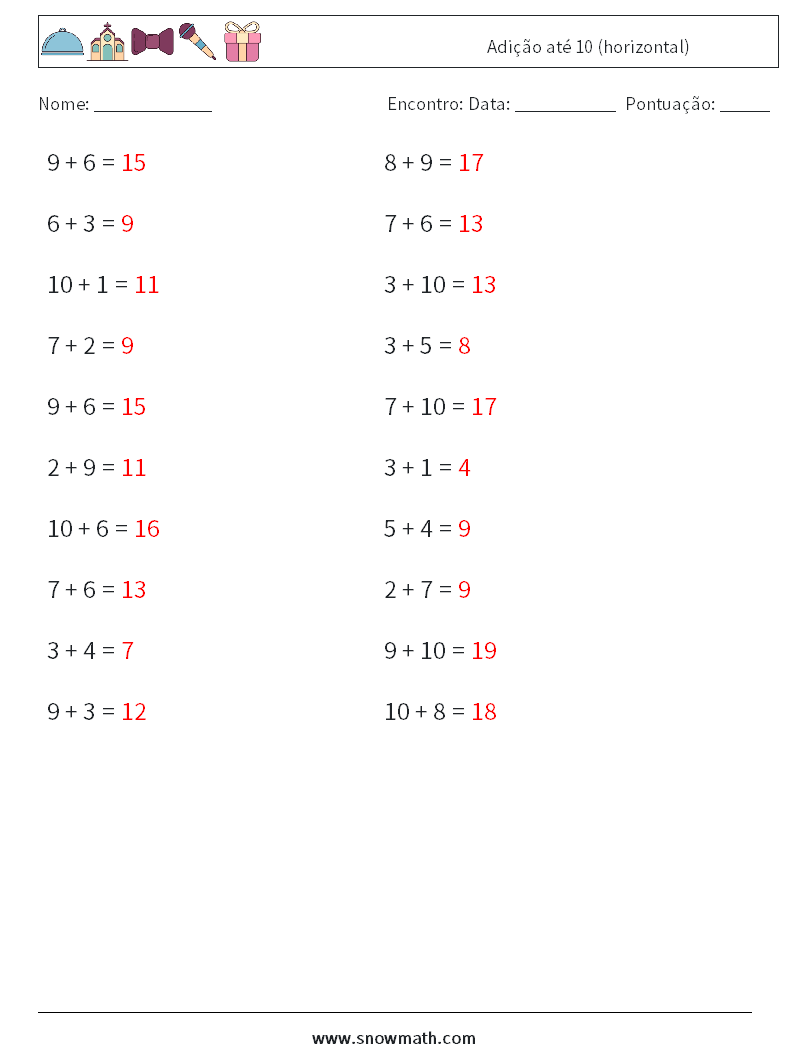 (20) Adição até 10 (horizontal) planilhas matemáticas 4 Pergunta, Resposta