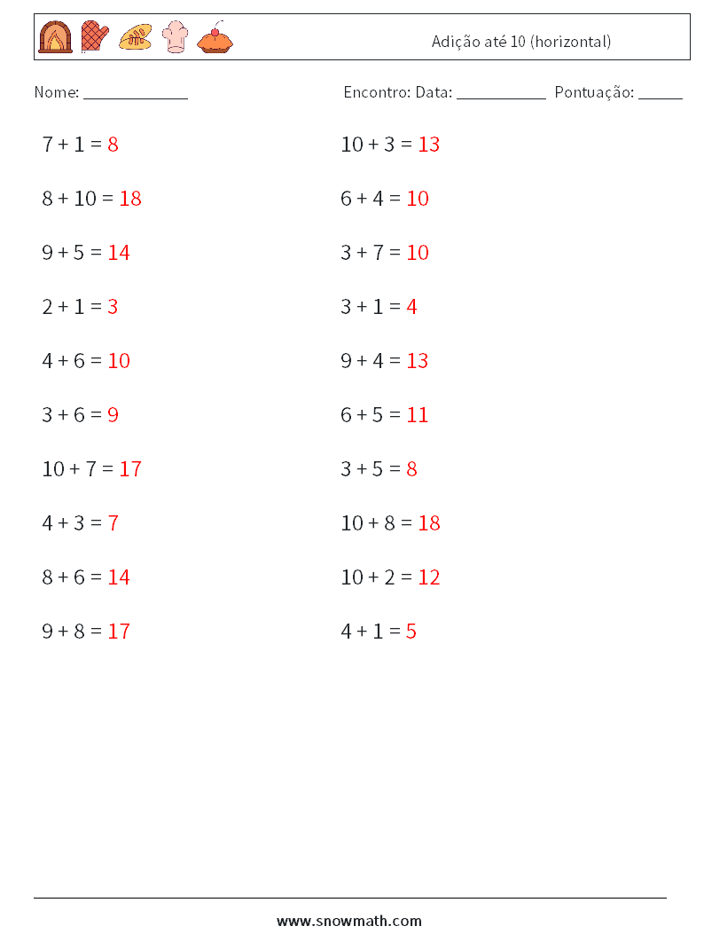 (20) Adição até 10 (horizontal) planilhas matemáticas 5 Pergunta, Resposta