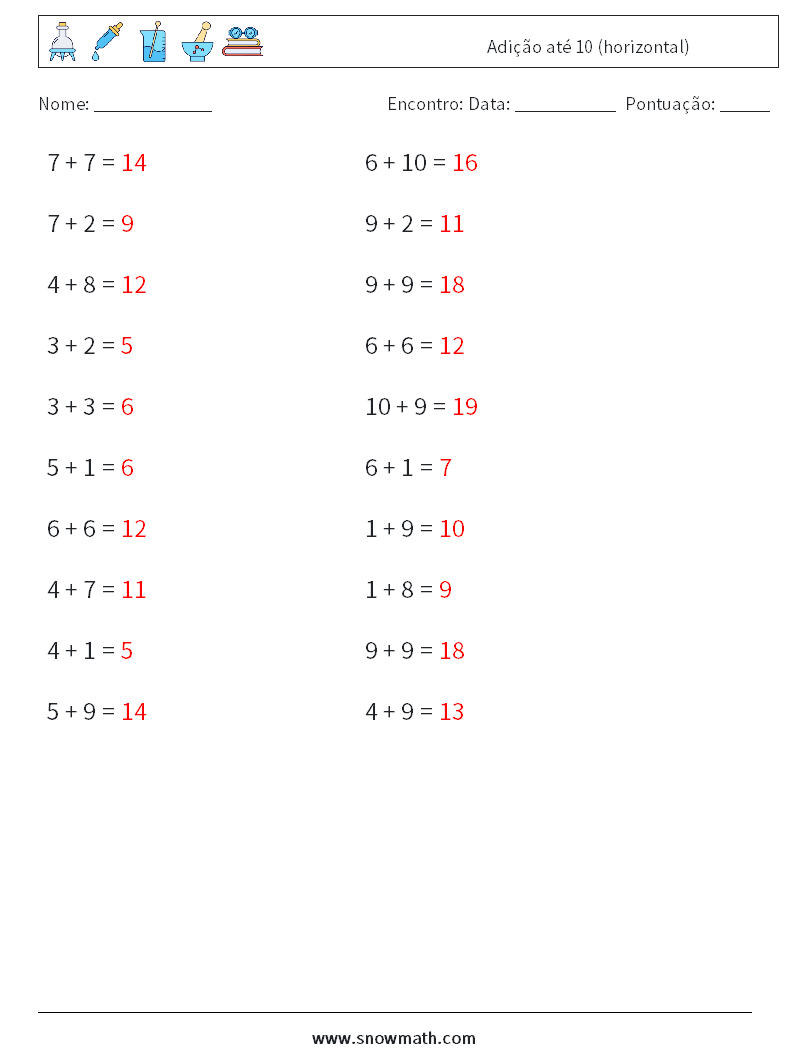 (20) Adição até 10 (horizontal) planilhas matemáticas 6 Pergunta, Resposta