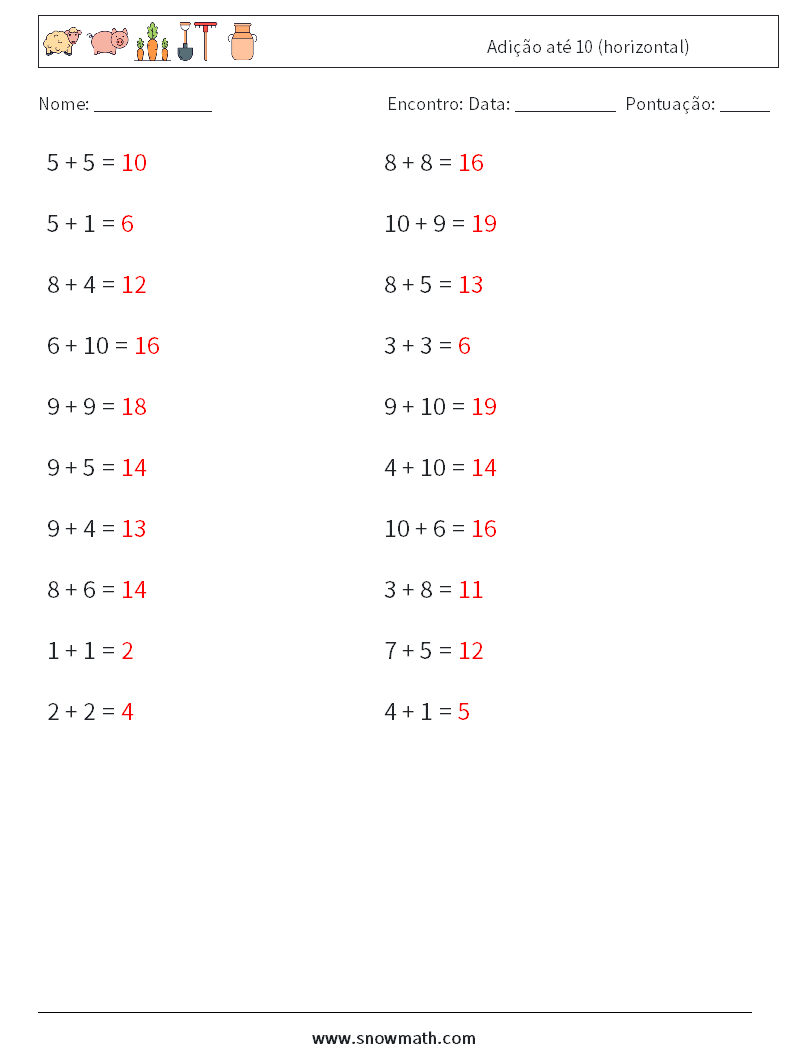 (20) Adição até 10 (horizontal) planilhas matemáticas 8 Pergunta, Resposta