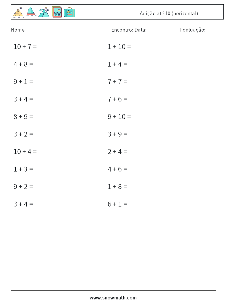 (20) Adição até 10 (horizontal) planilhas matemáticas 9