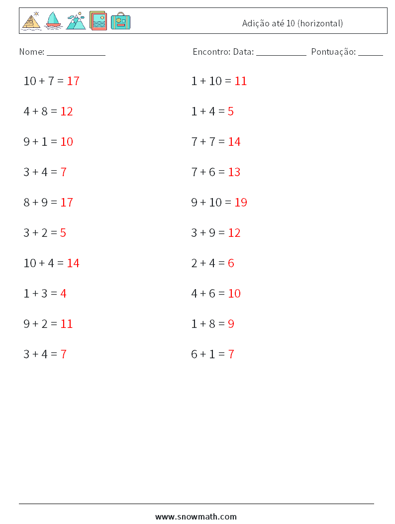 (20) Adição até 10 (horizontal) planilhas matemáticas 9 Pergunta, Resposta