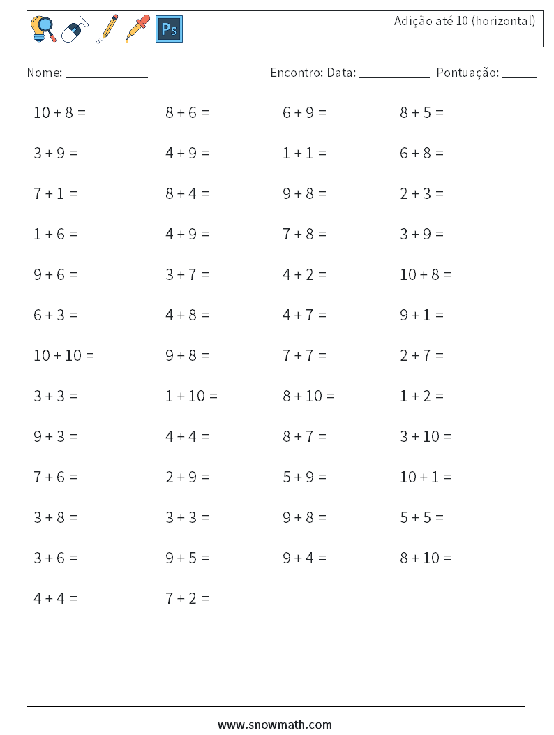 (50) Adição até 10 (horizontal) planilhas matemáticas 1
