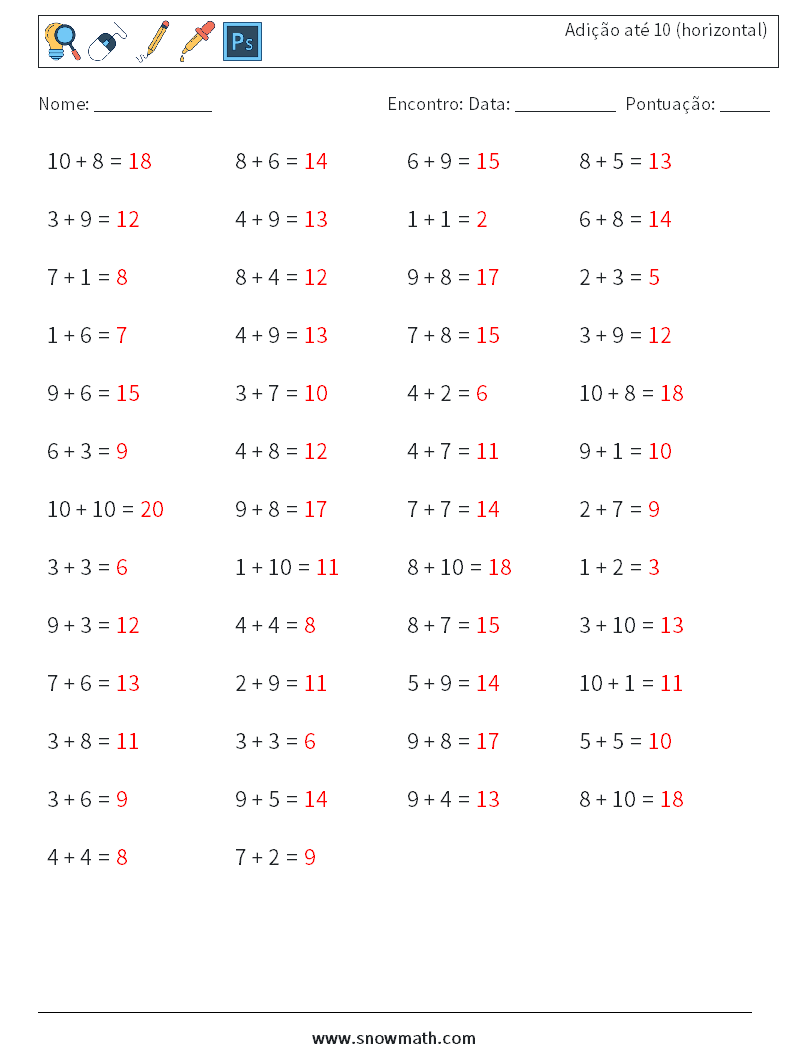 (50) Adição até 10 (horizontal) planilhas matemáticas 1 Pergunta, Resposta