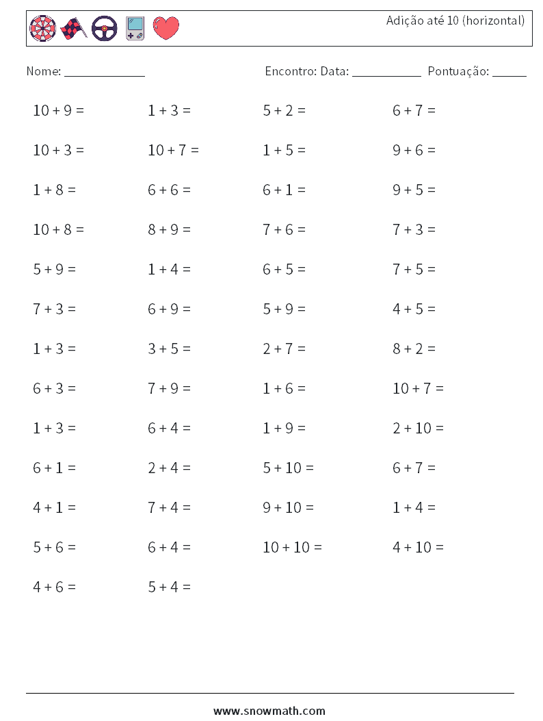 (50) Adição até 10 (horizontal) planilhas matemáticas 3