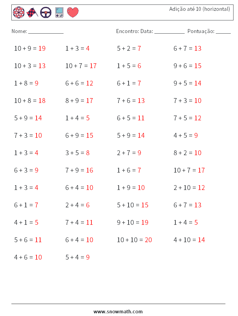 (50) Adição até 10 (horizontal) planilhas matemáticas 3 Pergunta, Resposta