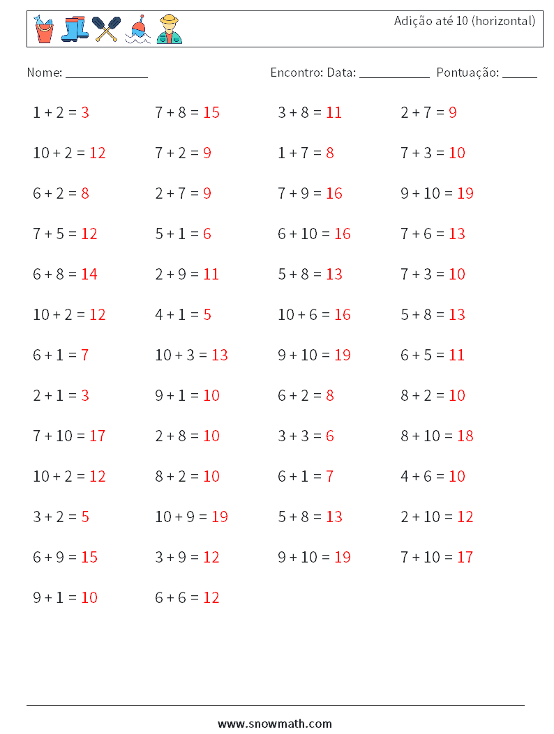 (50) Adição até 10 (horizontal) planilhas matemáticas 4 Pergunta, Resposta
