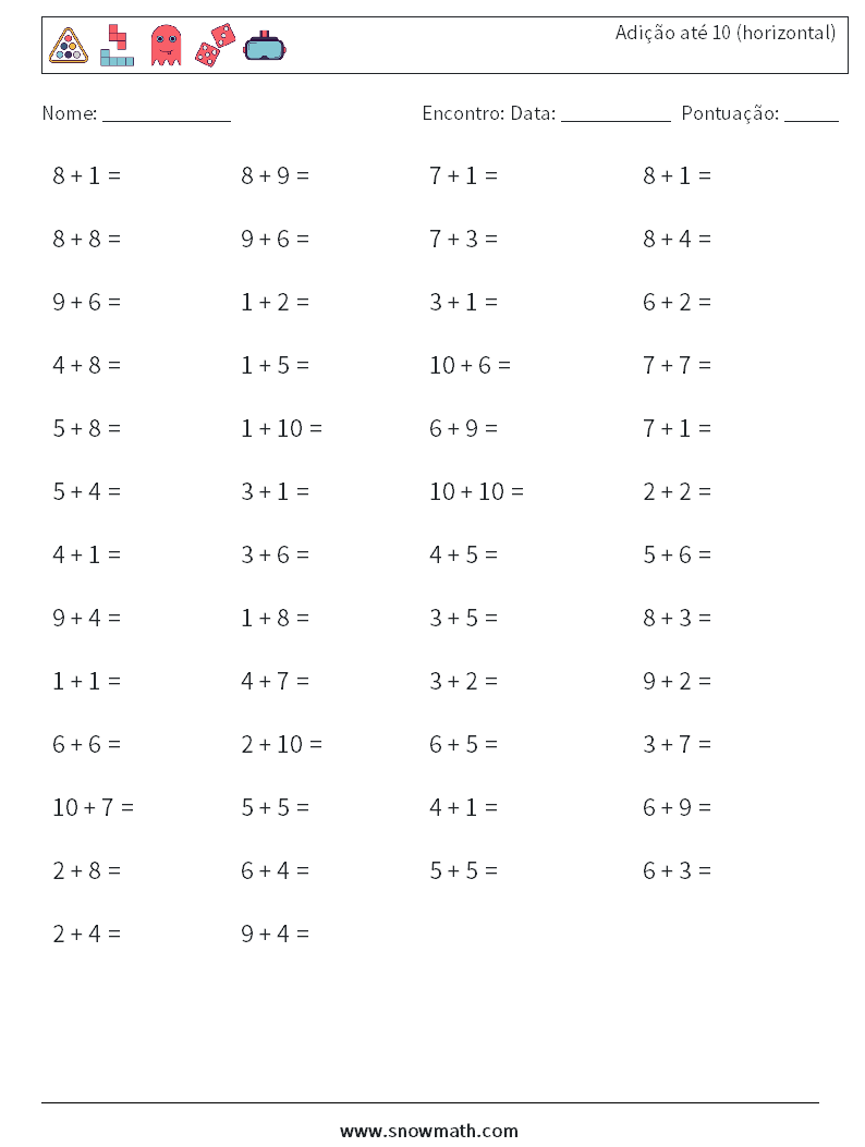 (50) Adição até 10 (horizontal) planilhas matemáticas 6