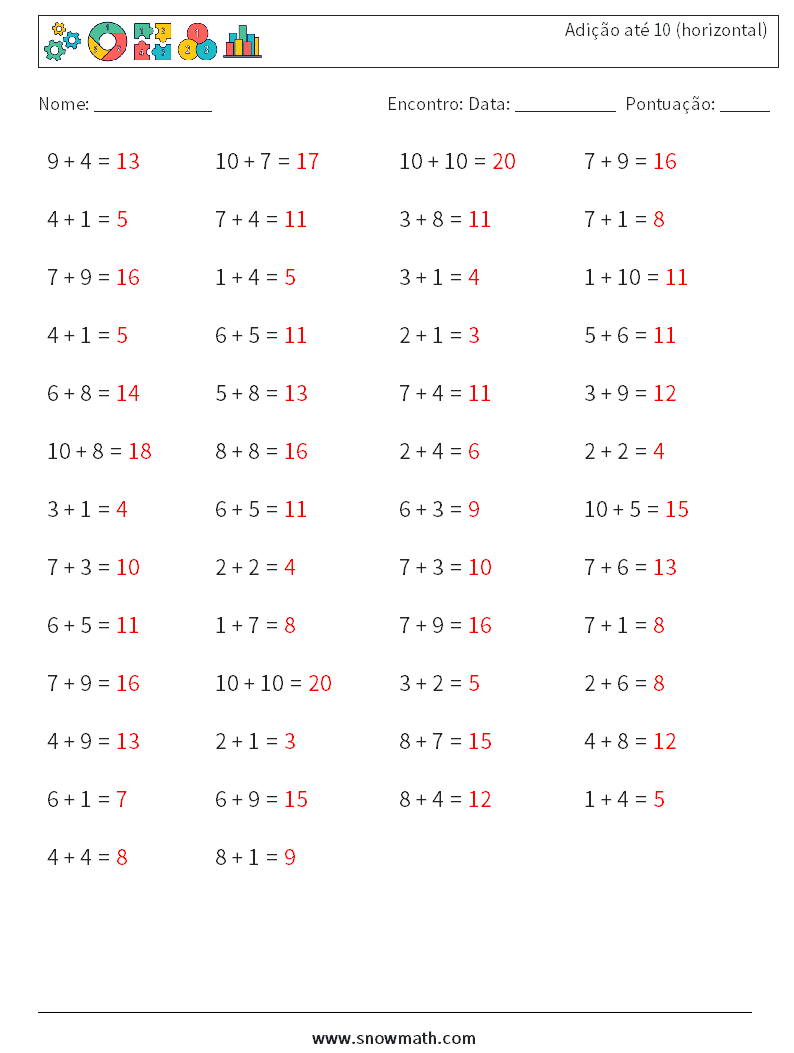 (50) Adição até 10 (horizontal) planilhas matemáticas 7 Pergunta, Resposta