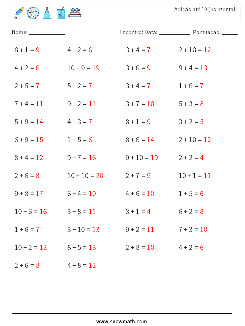 (50) Adição até 10 (horizontal) planilhas matemáticas 8 Pergunta, Resposta