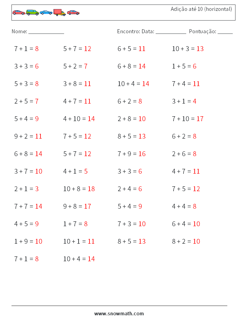 (50) Adição até 10 (horizontal) planilhas matemáticas 9 Pergunta, Resposta