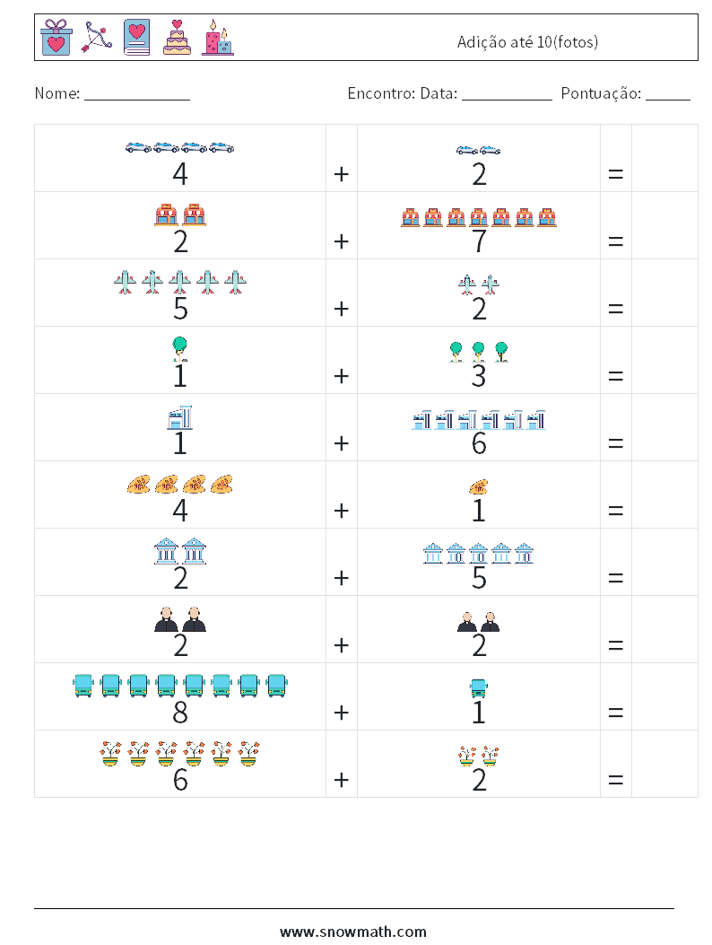 Adição até 10(fotos) planilhas matemáticas 1