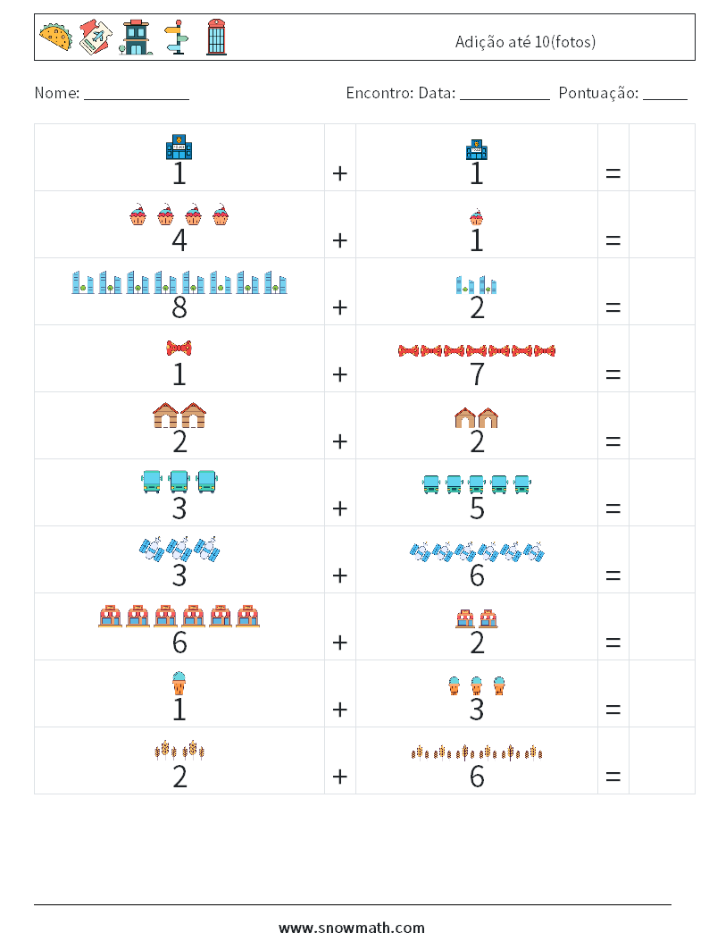 Adição até 10(fotos) planilhas matemáticas 10