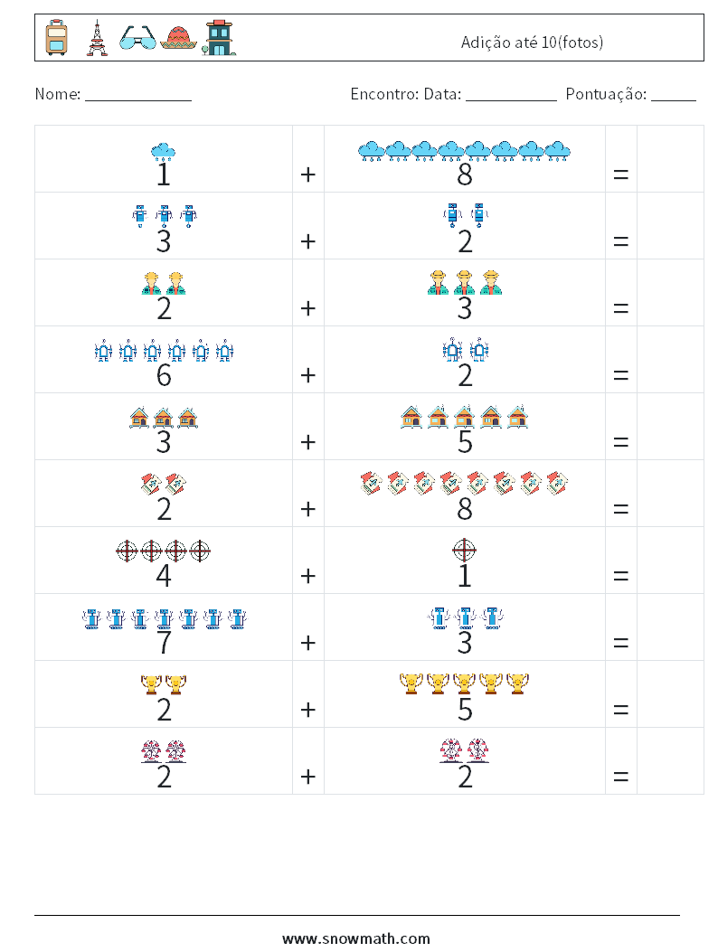 Adição até 10(fotos) planilhas matemáticas 11